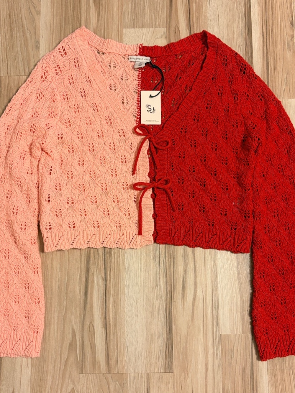 Sincerely Jules Colorblock Tie-front Pointelle Cardigan.